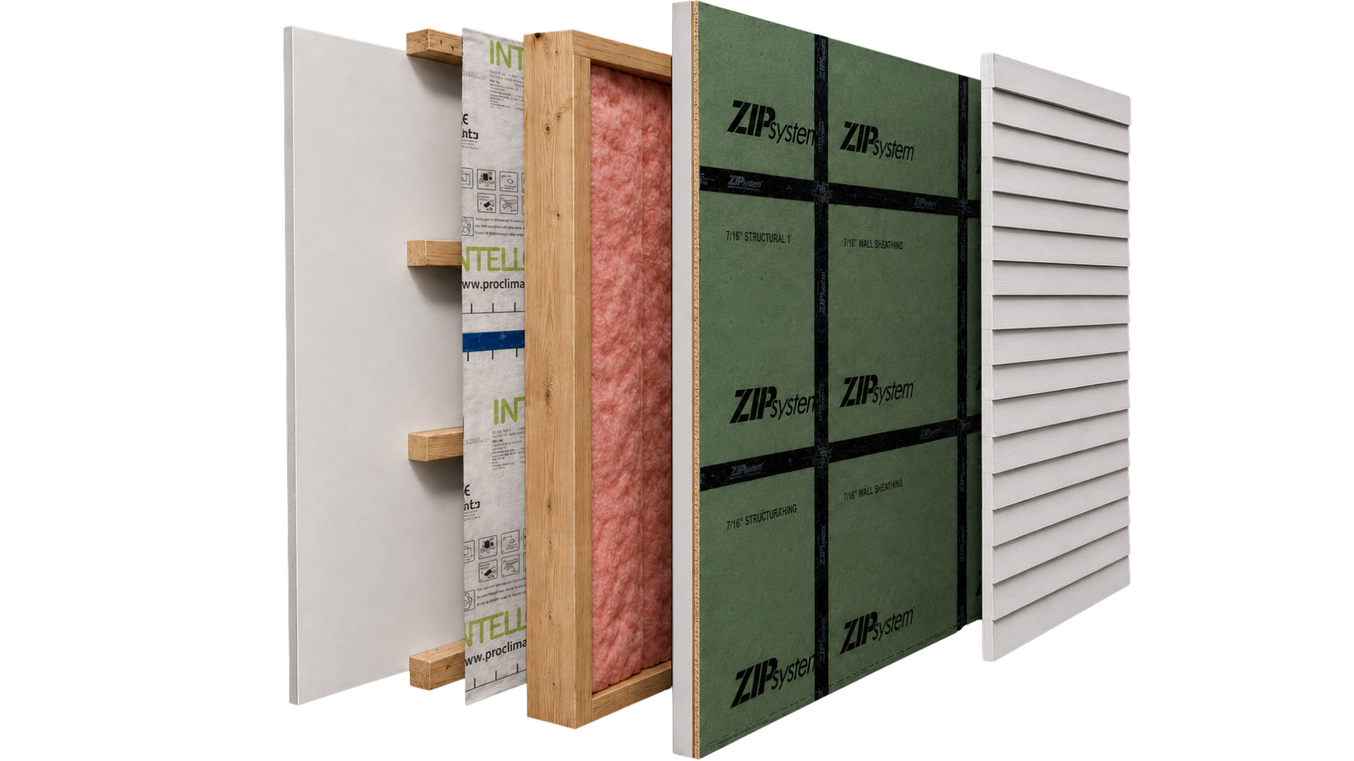 Multilayer high-performance wall system showing exterior cladding, Zip R sheathing, 2x6 framing with R24 batt, smart vapor retarder, service cavity, and interior drywall