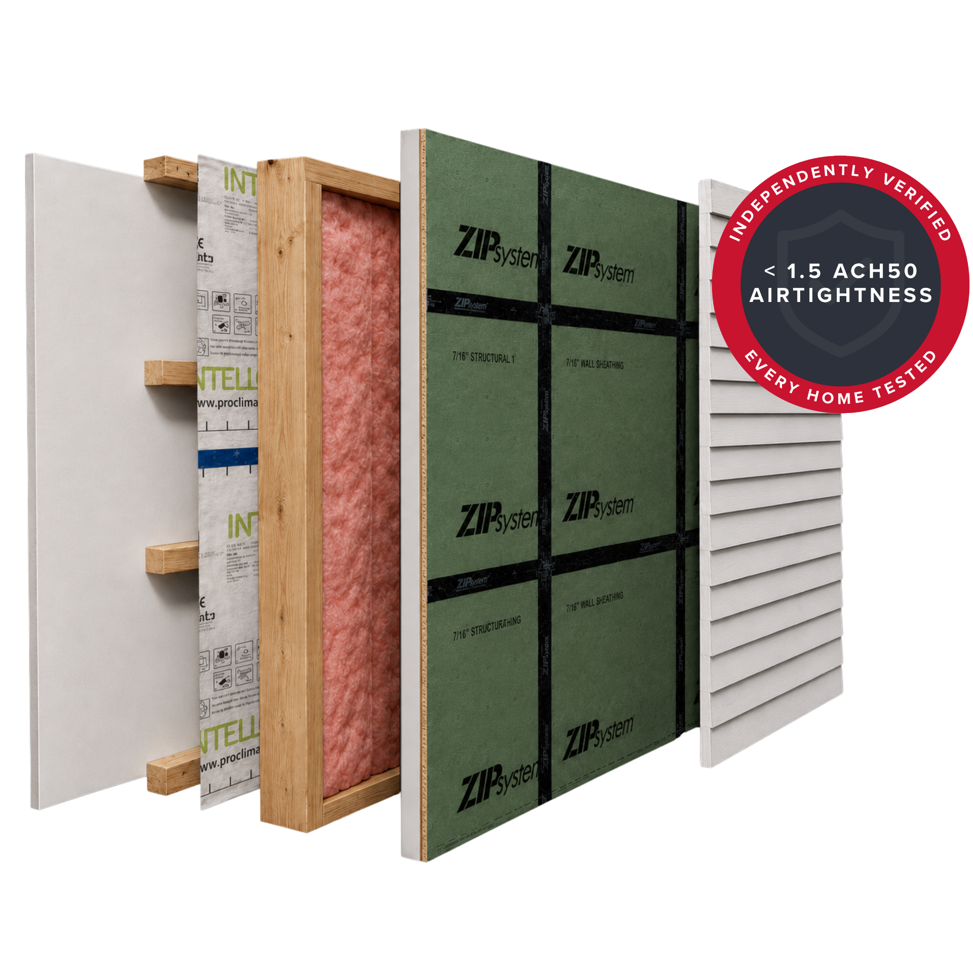 Nextmark multi-layer high-performance wall system with verified <1.5 ACH50 airtightness badge